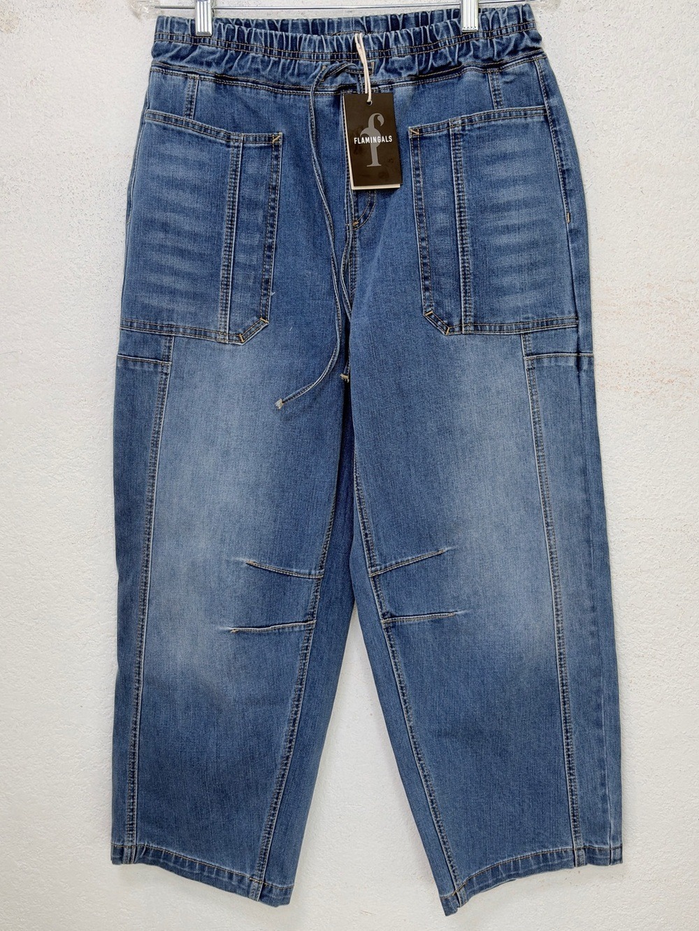 NWT Curved Barrel Leg Horseshoe Denim Cropped Drawstring Jeans M FLAMINGALS - Picture 4 of 12